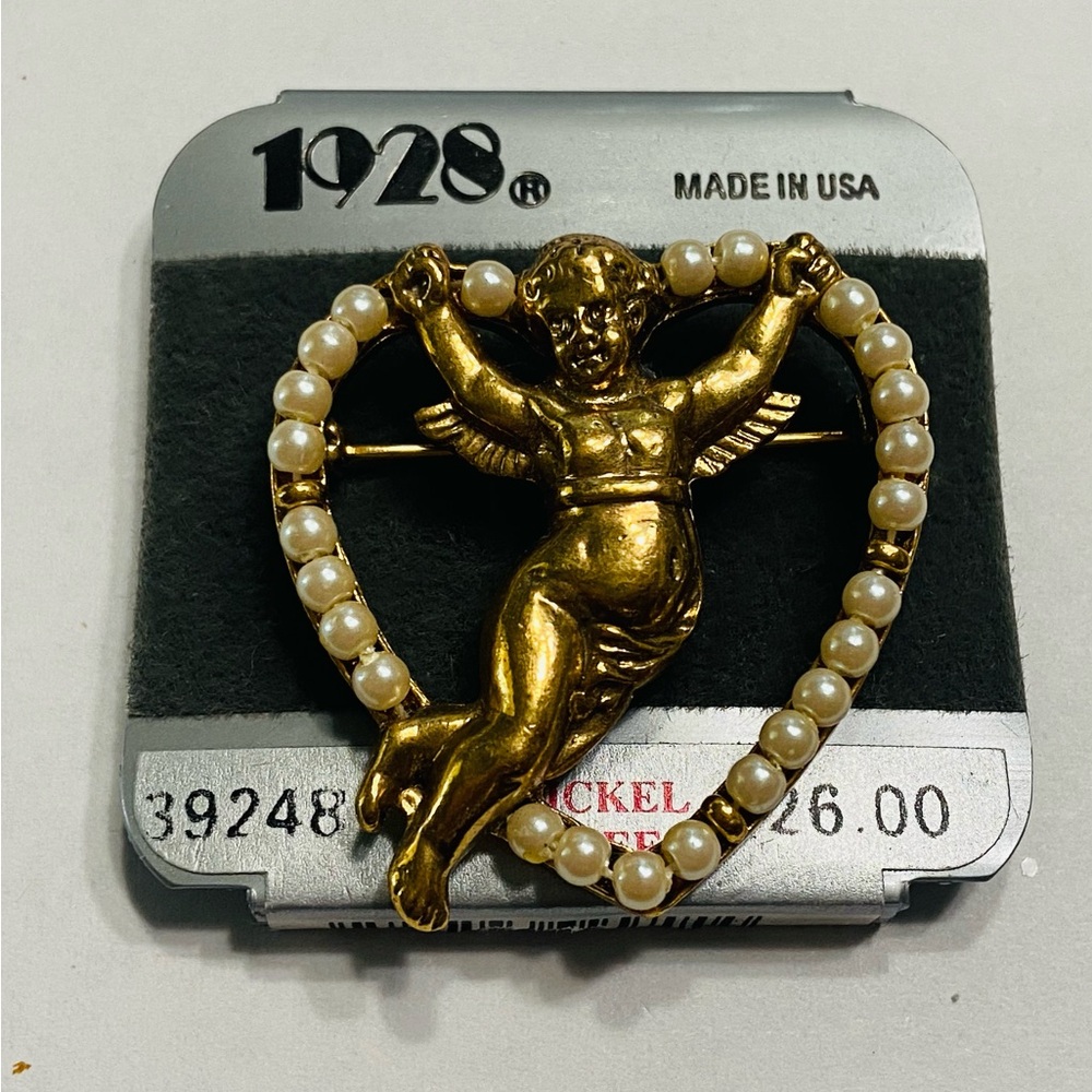 1928 Gold Angel Brooch with Pearl Accents